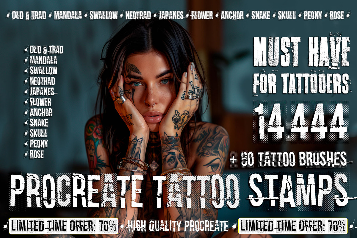 tattoo brushes procreate stamps, a Brush Add-On by SannaIllustrations (Photo 1 of 6)