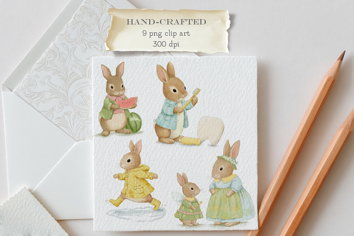 Vintage Summer Bunny Clipart Set, an Illustration by AlenaVlasko stock Market (Photo 1 of 5)