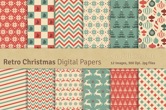 Retro Christmas Digital Papers preview 4