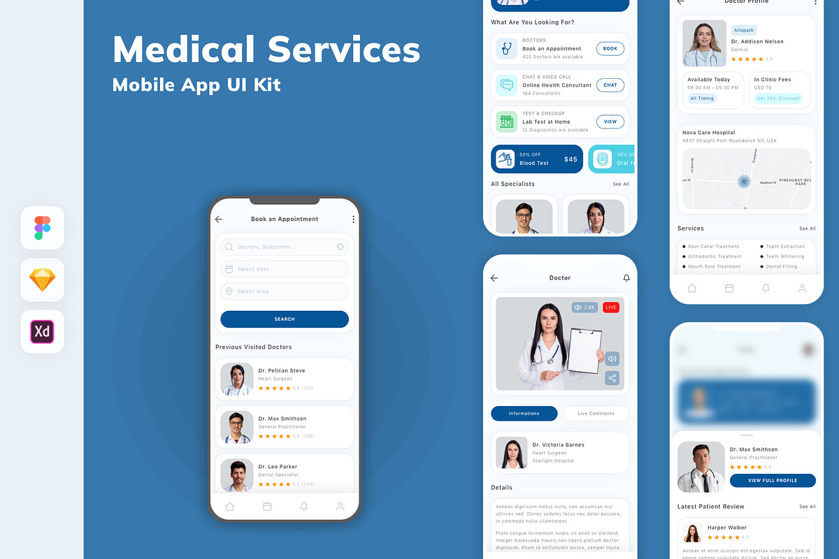 Medical Services Mobile App UI Kit, an UI Kit Template by uicube (Photo 1 of 2)