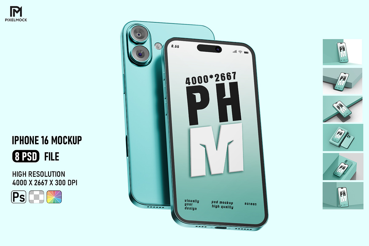 iPhone 16 Mockup, an iPhone Mockup by pixelmock (Photo 1 of 13)