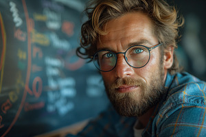 A contemplative Caucasian man with curly hair and glasses stares thoughtfully a, a Person Photo by ImageMir