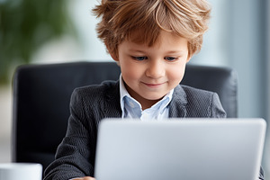 Adorable young boy in a suit using, a Business Photo by MistyDay