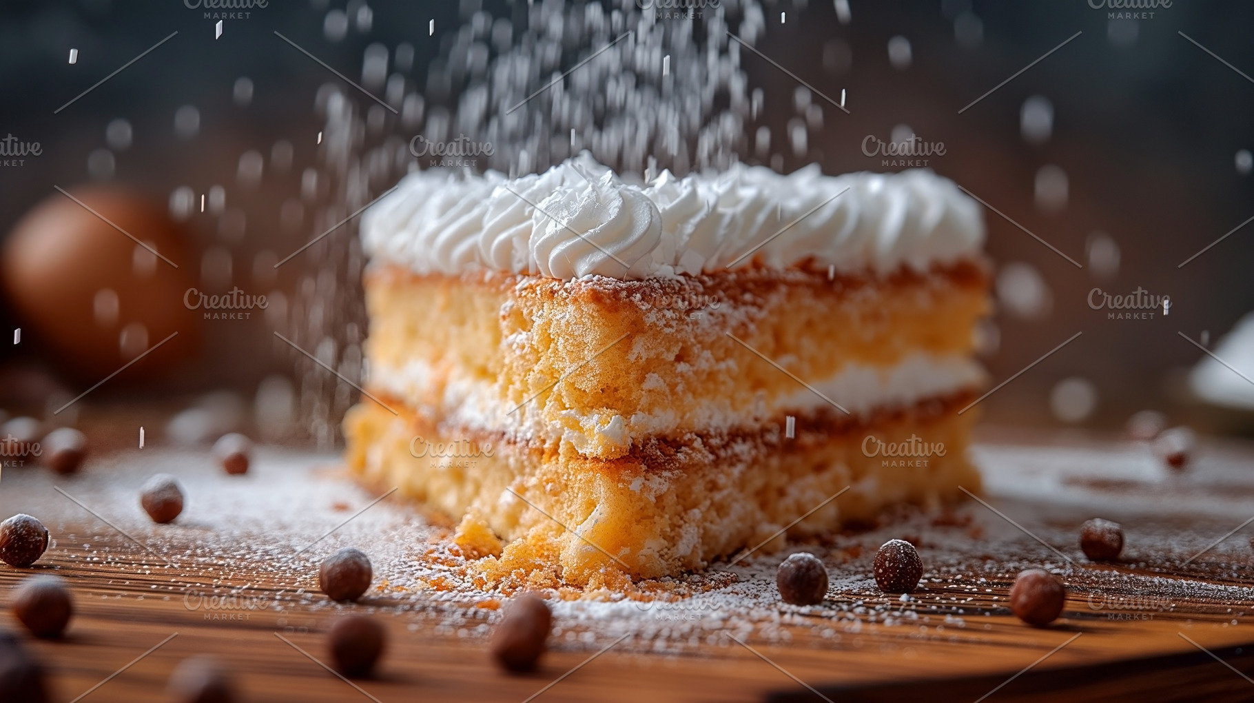 Delicious dessert: a slice of fluffy vanilla cake topped with wh, a Food & Drink Photo by ImageMir