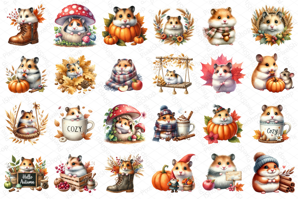 Watercolor Autumn Hamster Clipart, an Illustration by DreamPrint404 (Photo 5 of 6)