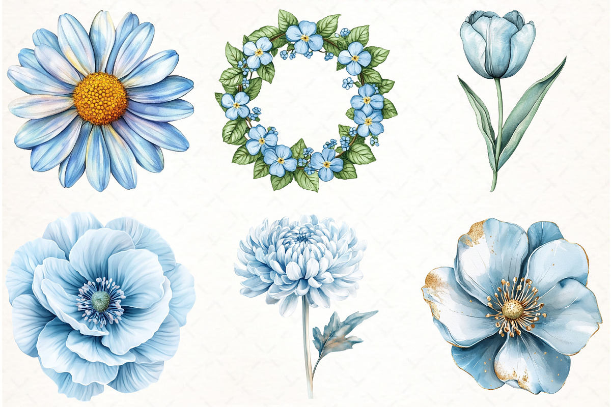 Pale blue flowers watercolor clipart, an Illustration by Watercolor design (Photo 4 of 4)