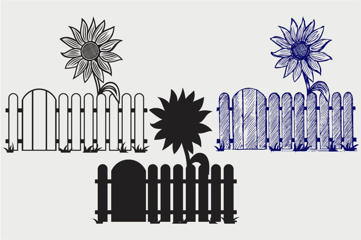 Sunflower and fence SVG, an Outline Icon by LineworkStock
