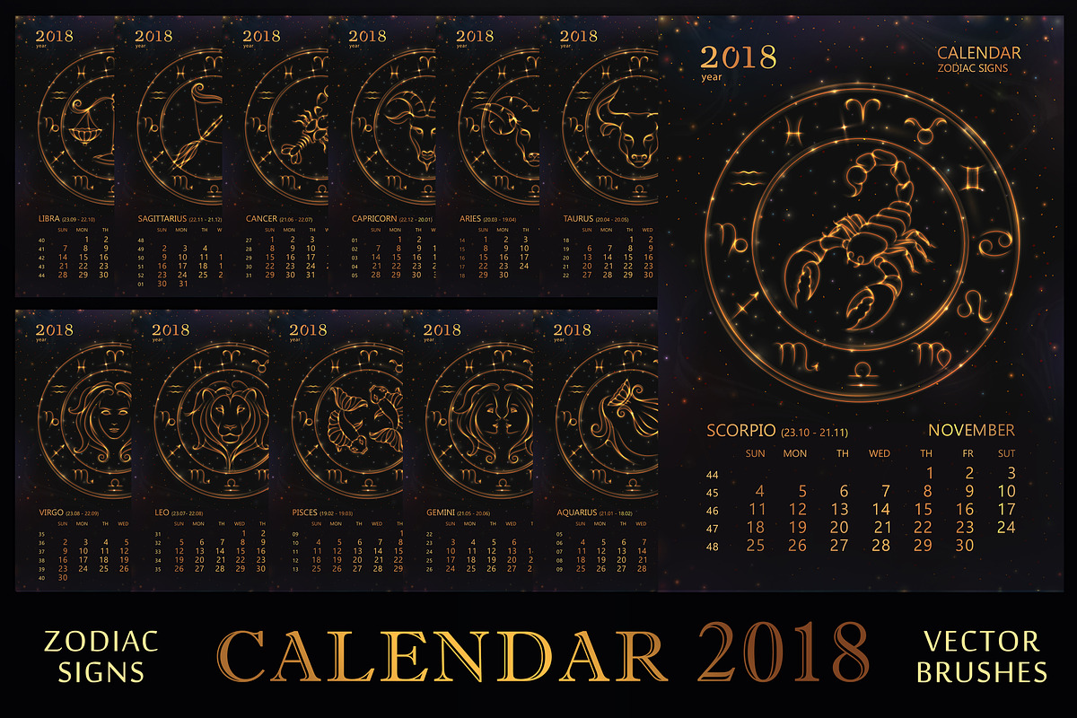 SET / 2018 CALENDAR / golden ZODIACS, a Texture Illustration by Nadin_Lebedeva (Photo 1 of 11)
