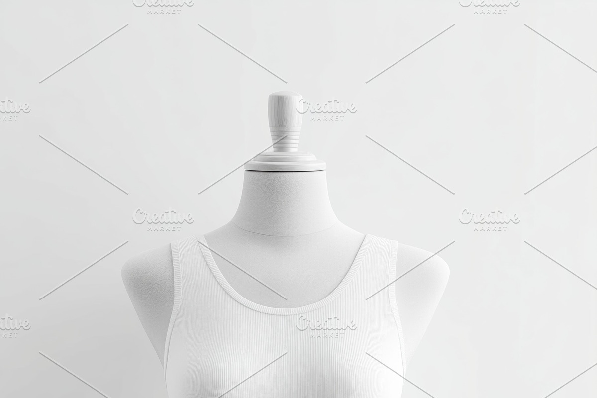 A plain white tank top mockup displayed on a mannequin against a light backgrou, a Shirt Mockup by Textures & Backgrounds