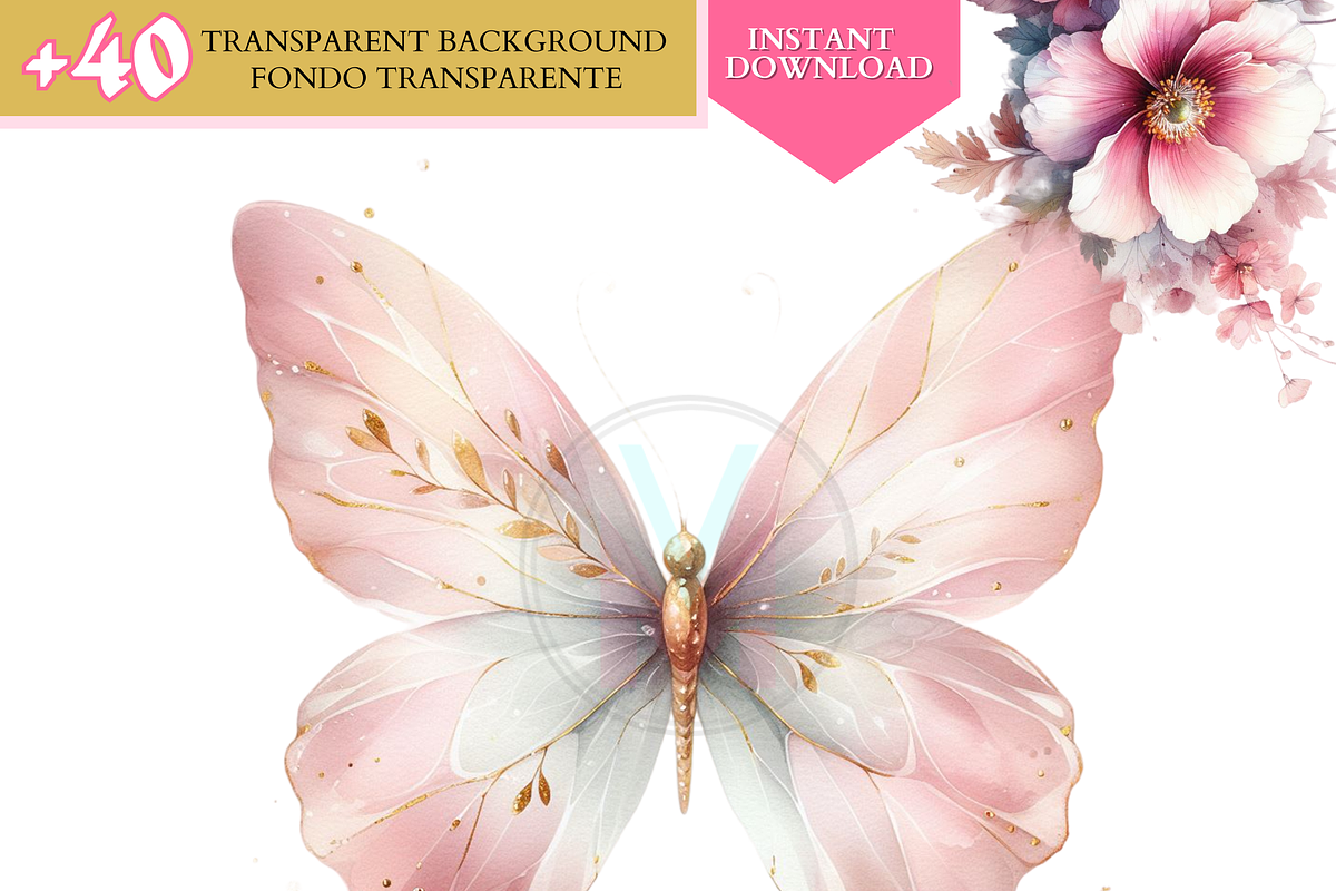 Watercolor Pink butterflies clipart, a Decorative Illustration by VM PARTYS  BY TAIRUMA (Photo 3 of 8)