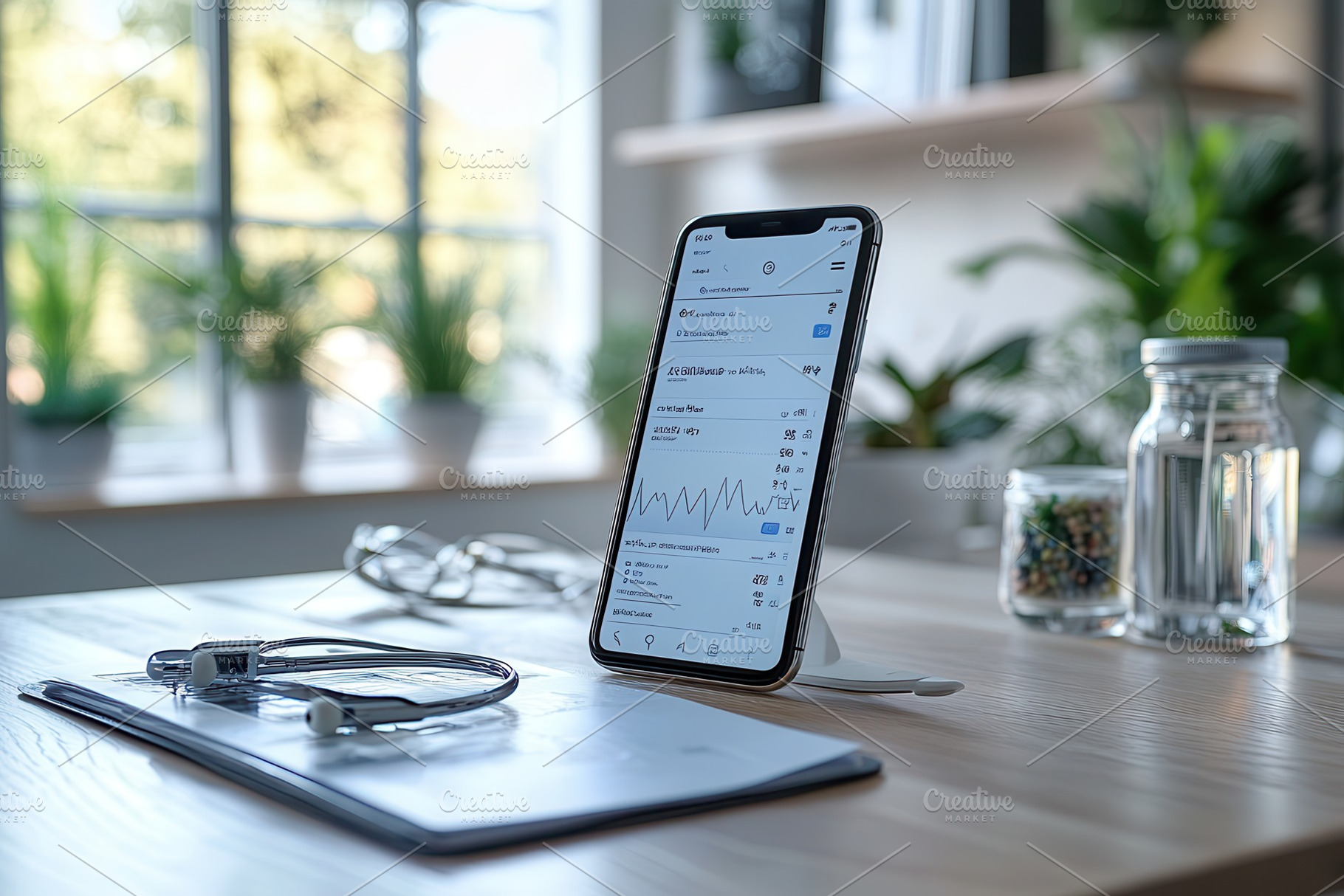 Desk setup featuring smartphone disp, a Photo by Tanuart