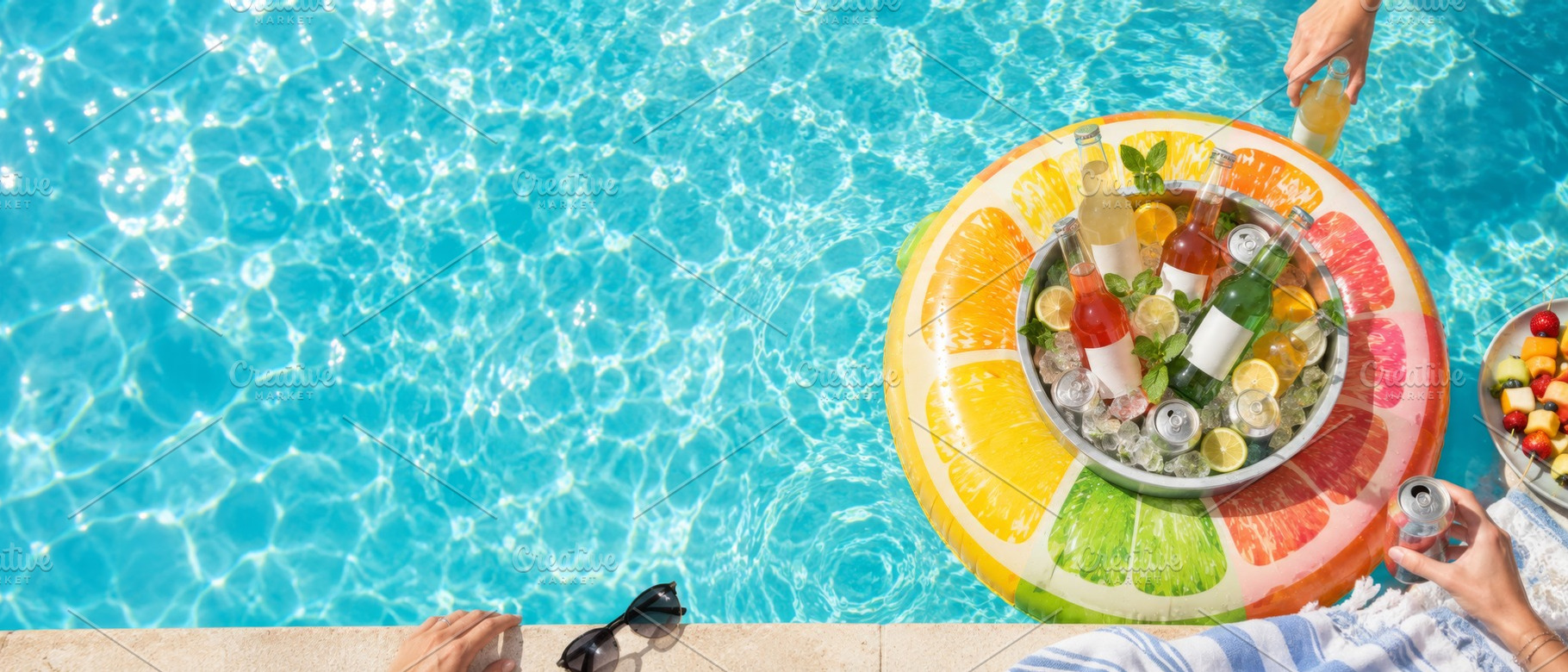 Summer pool party scene with colorfu, a Photo by Dvoevnore photos