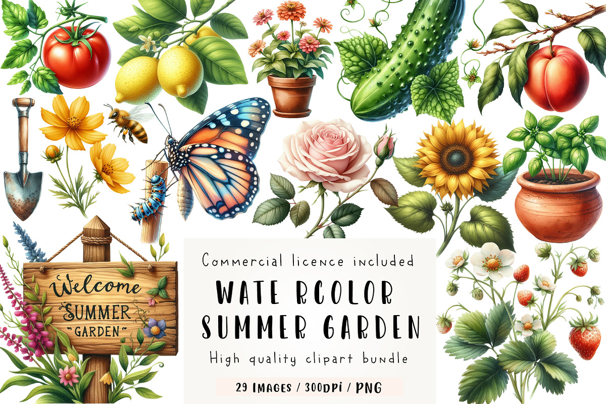Summer Garden Watercolor Clipart, an Illustration by CreationArt (Photo 1 of 5)