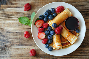 Rolled pancakes served with fresh berries and sweet syrup on a wooden table, a Food & Drink Photo by AlyaAnd