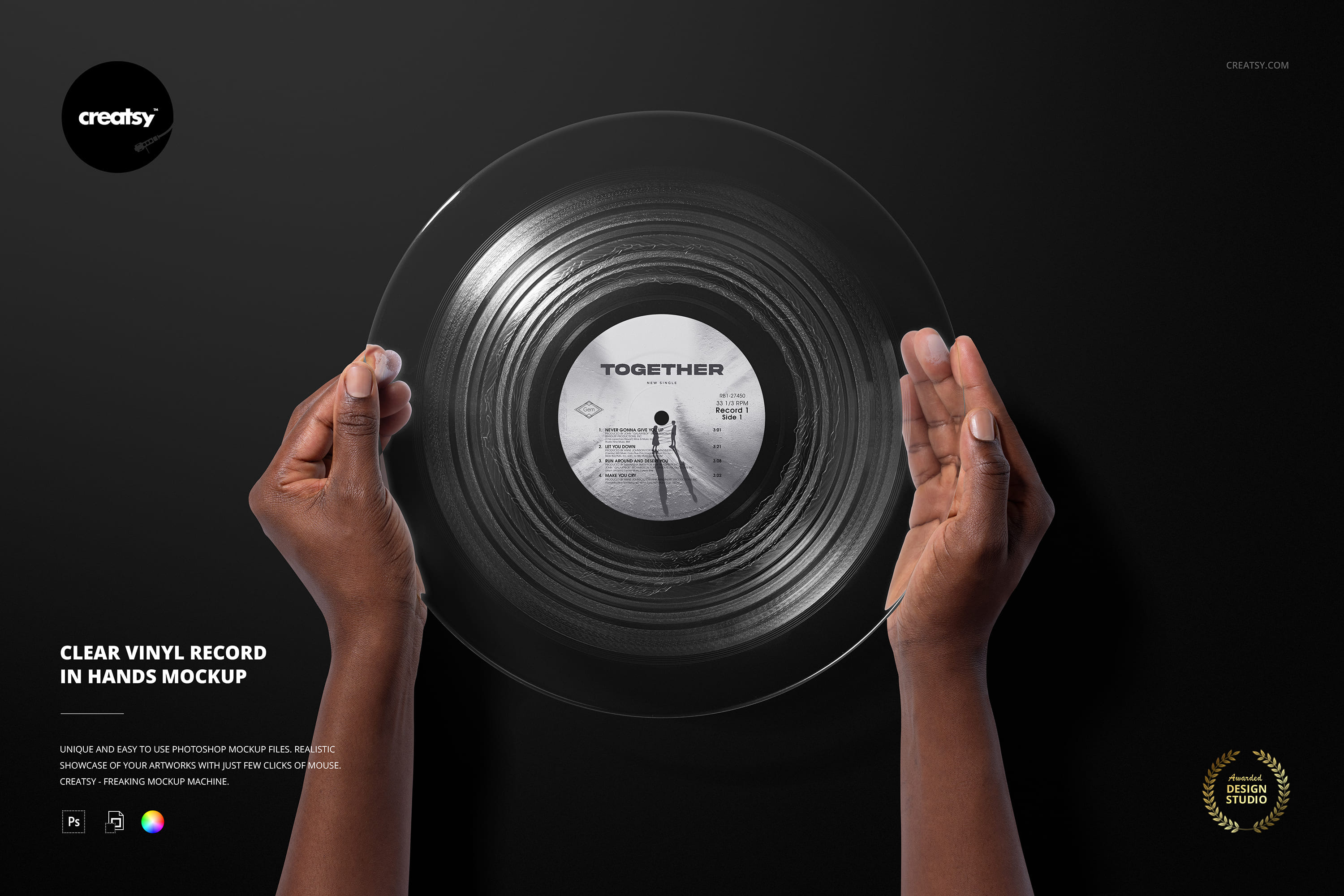 Clear Vinyl Record in Hands Mockup, a Merchandise Mockup by creatsy5