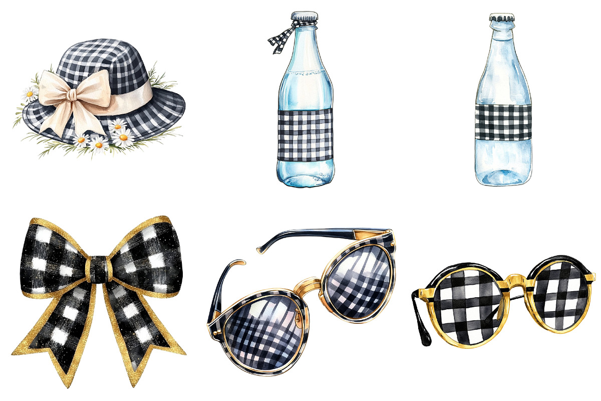 Luxury Black Gingham Summer Clipart, an Illustration by Watercolor design (Photo 3 of 12)