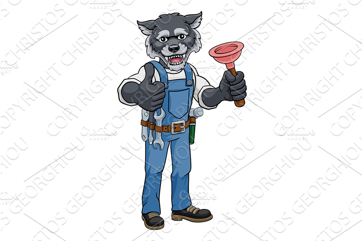 Wolf Plumber Cartoon Mascot Holding, an Animal Illustration by Christos Georghiou