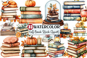 Watercolor Fall Book Stack Clipart, an Illustration by Rose Art