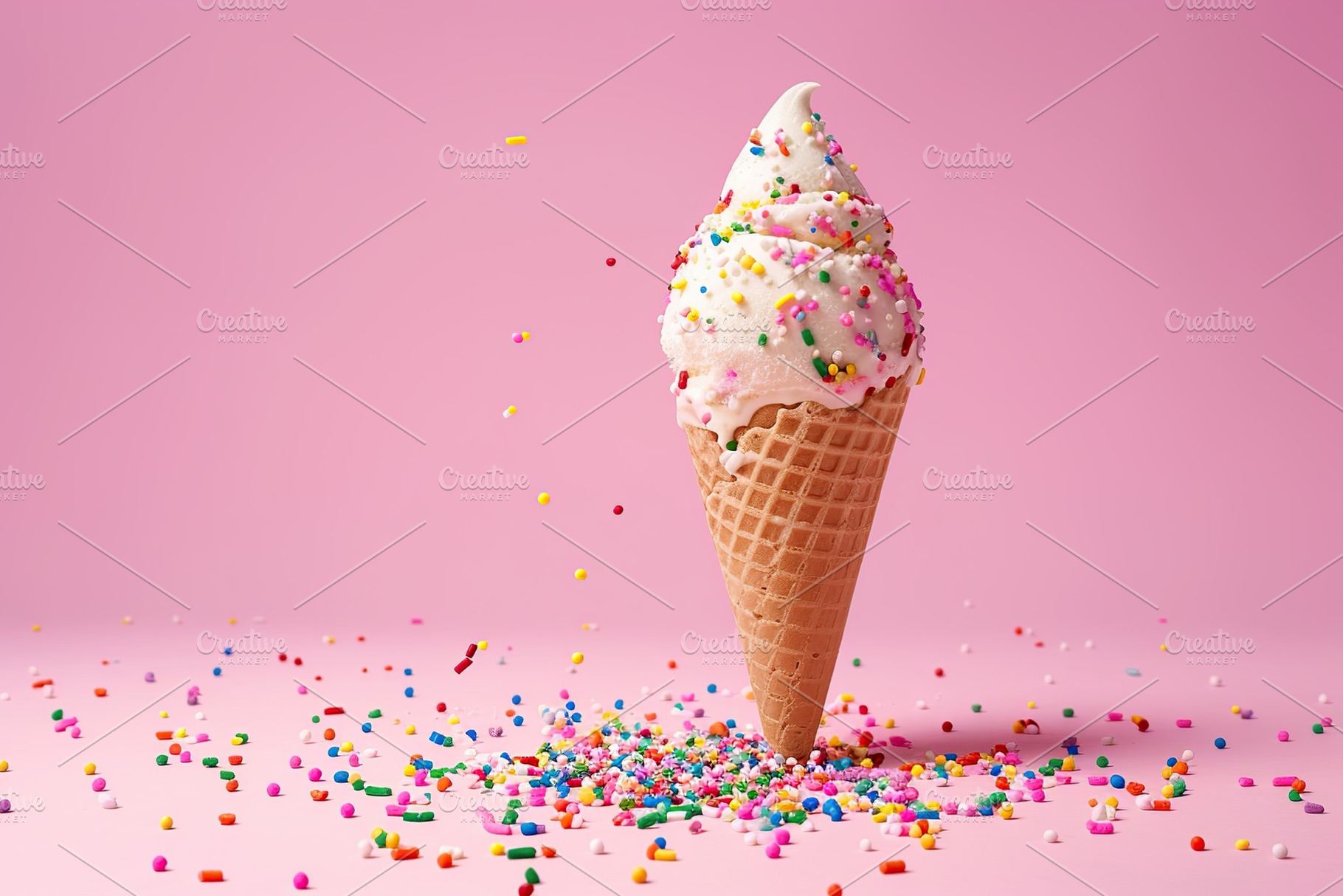 Ice cream with sprinkles in waffle cone on pink background, a Food & Drink Photo by AlyaAnd