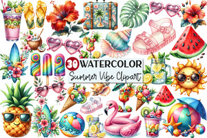Watercolor Summer Vibe Clipart, an Illustration by Rose Art