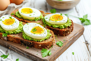 Toast rye bread with avocado puree and hard boiled eggs on wooden table, a Food & Drink Photo by AlyaAnd
