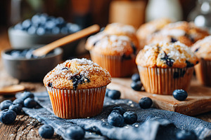 Delicious blueberry muffins with sugar crust on rustic wooden table, a Food & Drink Photo by AlyaAnd