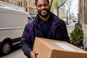 Courier carrying a cardboard box, a Person Photo by Pray Art Design Studio