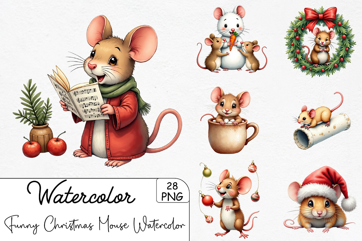 Funny Christmas Mouse Watercolor Cli, an Illustration by CrexoraLab (Photo 1 of 5)