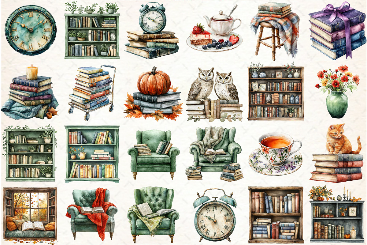 Watercolor Autumn Library Clipart, an Illustration by Libby Wishes (Photo 2 of 7)