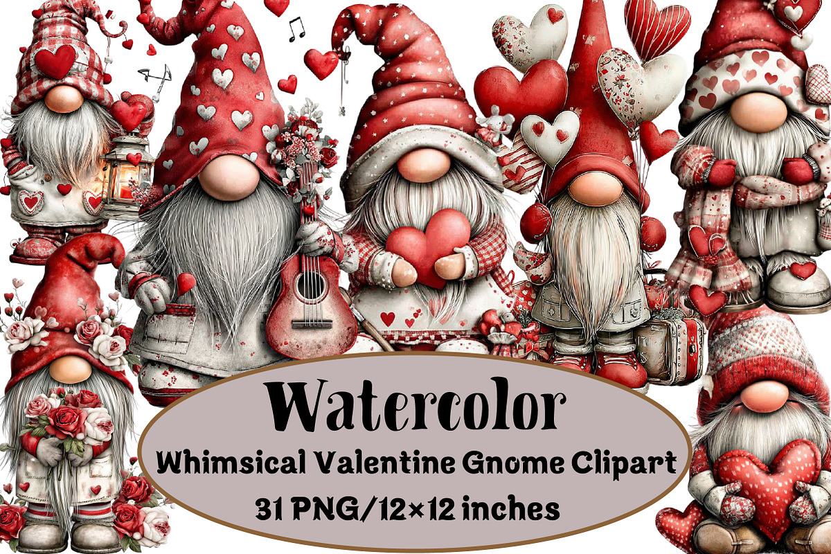 Whimsical Valentine Gnome Clipart, an Illustration by Design Market (Photo 1 of 3)