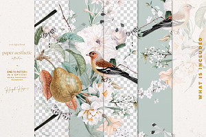 Spring Mint Birds Flower Pattern