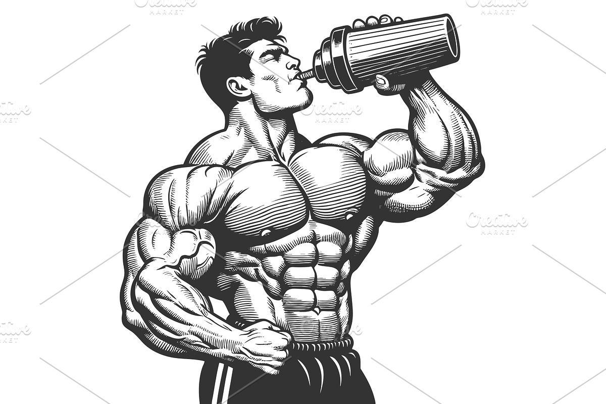 Muscular man drinking protein shake, a Sport Illustration by AlexArt