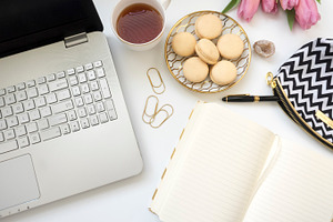 Modern flat lay styled desk mock up featuring flat lay, modern, and clean