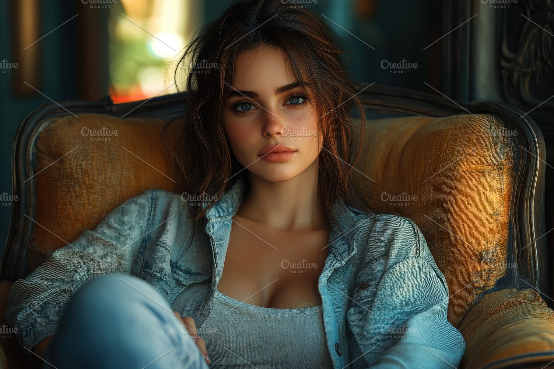 Young woman seated in a vintage chai, a Photo by Tanuart