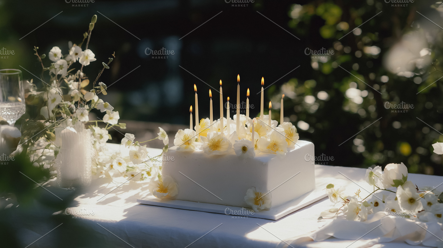 White square cake decorated with flowers and lit birthday candle, a Photo by Studio ANNA