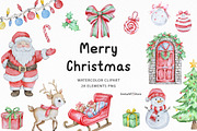 Watercolor Merry Christmas Clipart, a Seasonal Illustration by SvetaArtStore (Thumbnail 1 of 6)