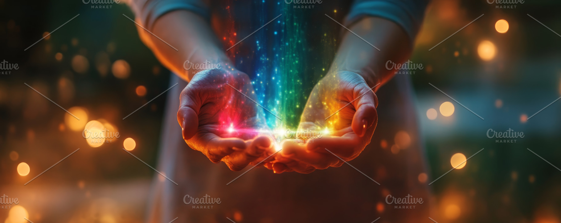 Hands Holding Colorful Energy Light Outdoors, an Abstract Photo by Natalia Klenova's Shop