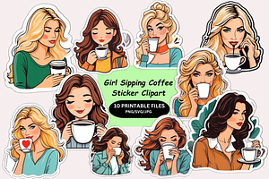 Girl Sipping CoffeeSticker Clipart