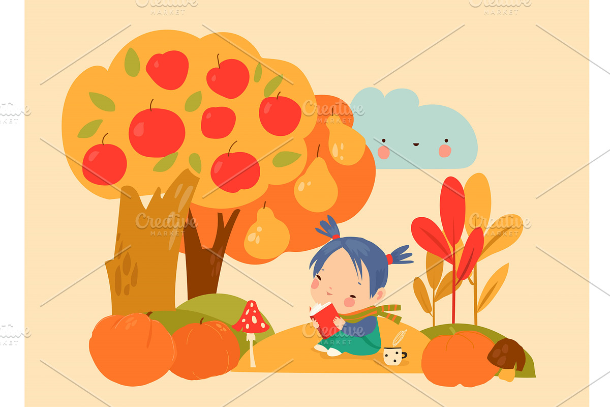 Cute girl reading book under apple, a Person Illustration by Maria Starus