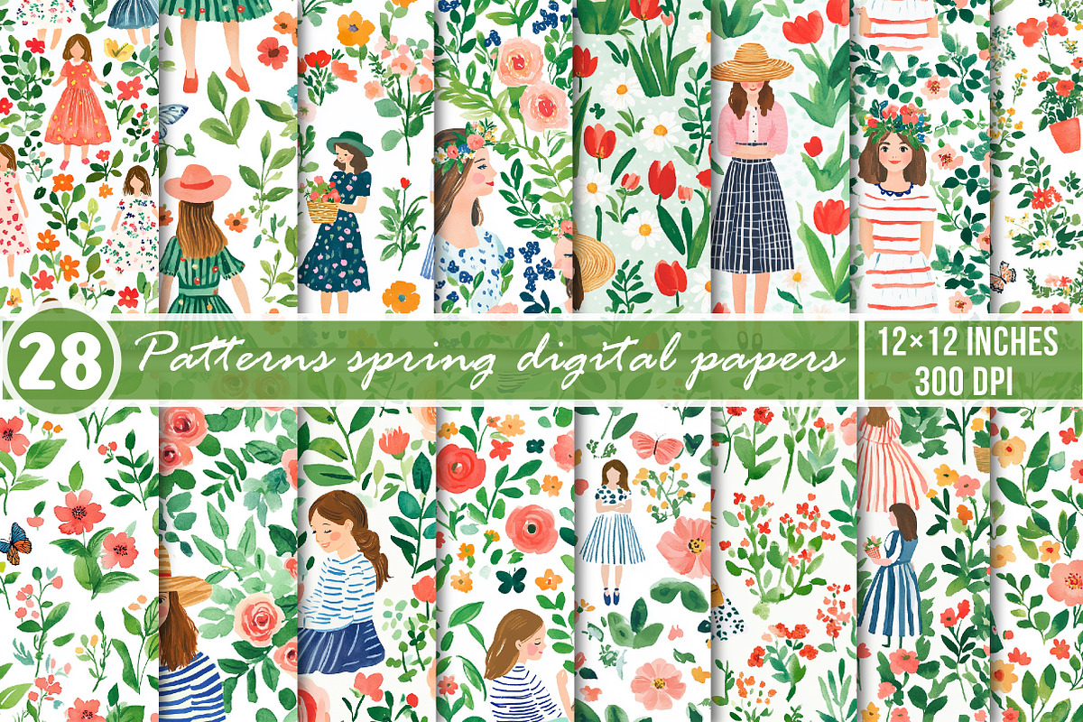 Garden spring girls seamless pattern, an Illustration by SinaCreation (Photo 1 of 6)