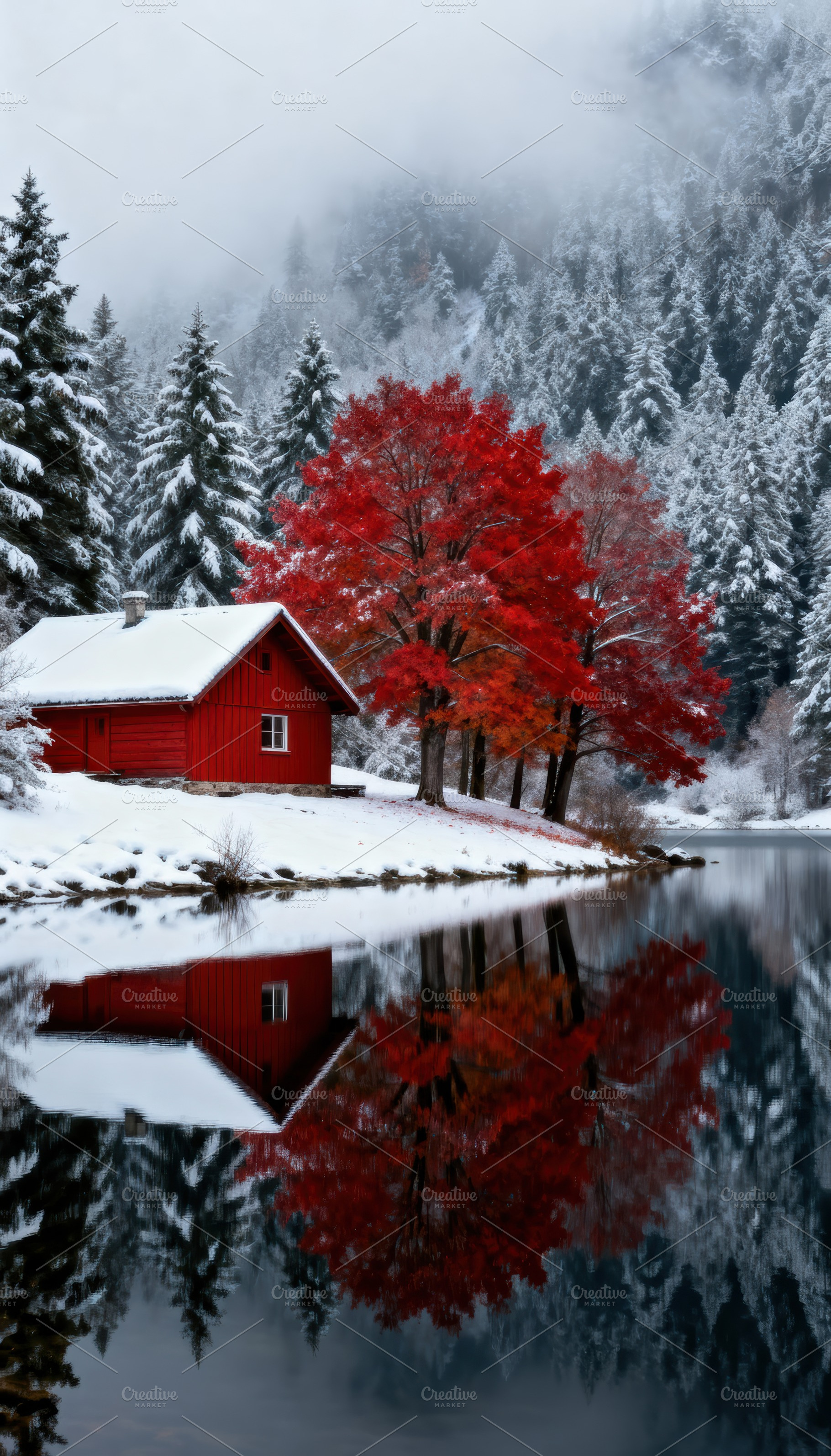 Vibrant Red Cabin & Autumn Trees, a Nature Photo by Virgo Studio