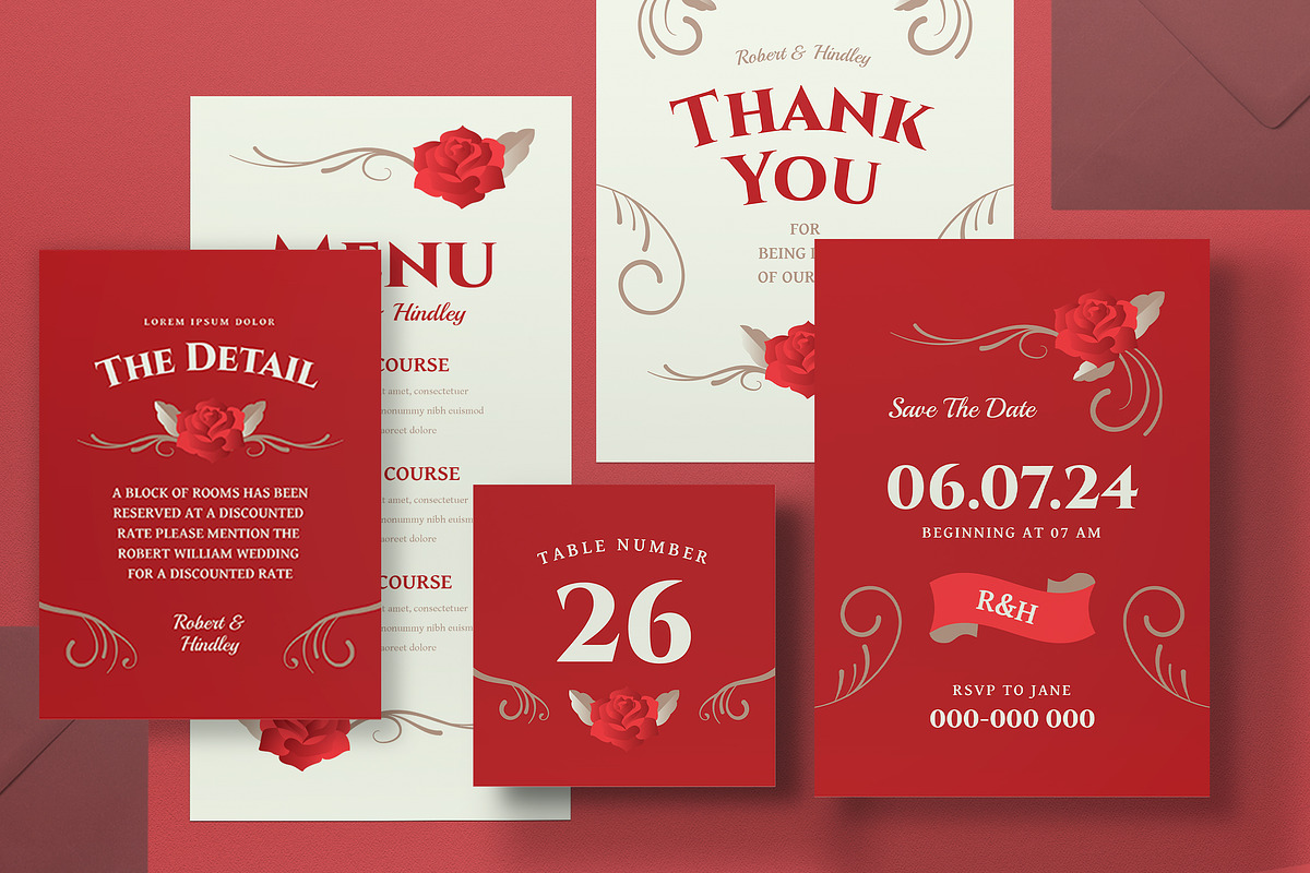 Rose Floral Wedding Invitation Set, an Invitation Template by graphicook (Photo 2 of 3)