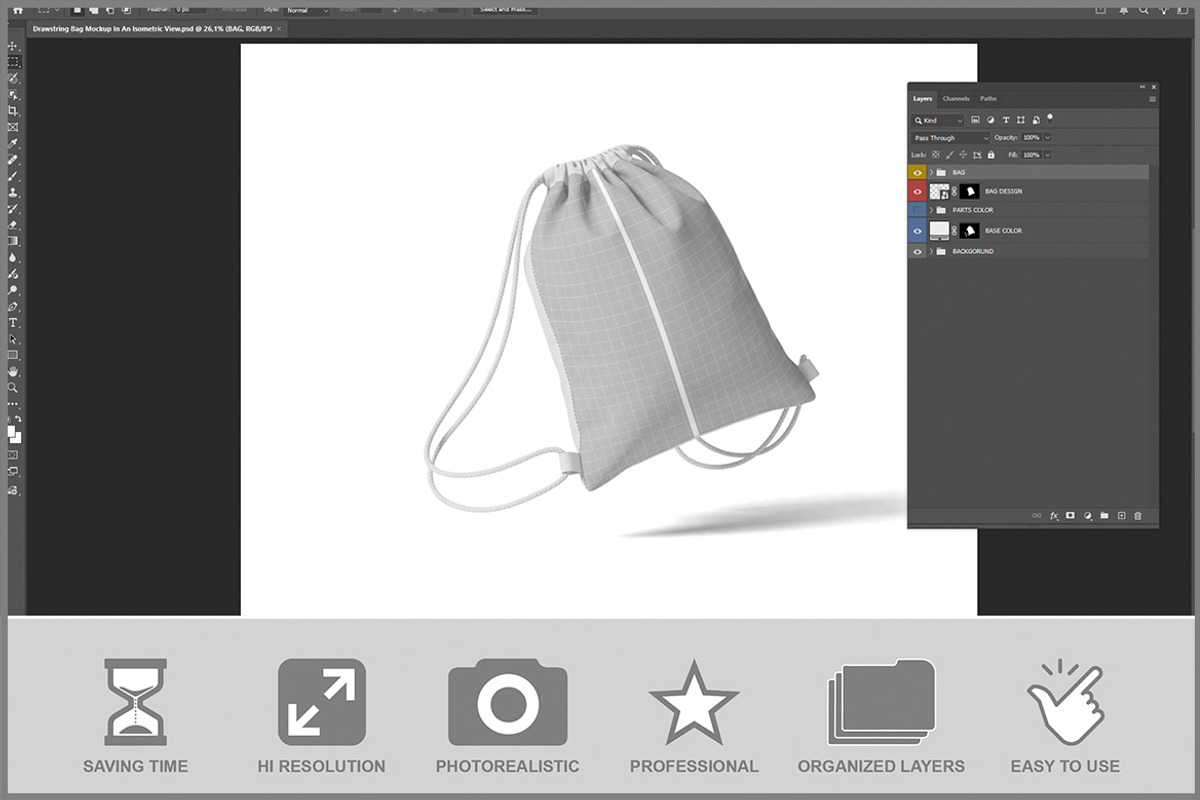 Drawstring Bag Isometric View PSD, a Product Mockup by Bruno's Shop (Photo 2 of 3)
