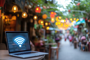 Laptop displaying wifi sign in a bustling outdoor cafe with festive lights, a Business Photo by AlyaAnd