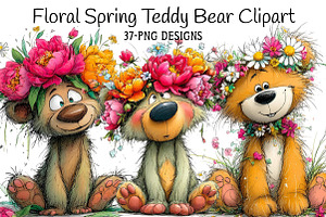 Floral Spring Teddy Bear Clipart, an Illustration by Daily.Designs