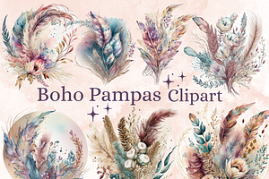 Watercolor Boho Pampas Clipart