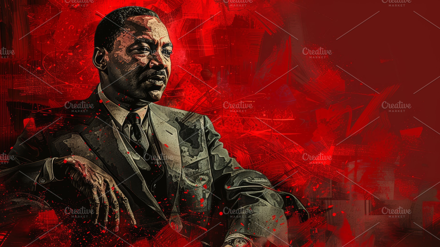 Abstract artwork celebrating Martin Luther King Jr. with vibrant red background, a Photo by AS photostudio