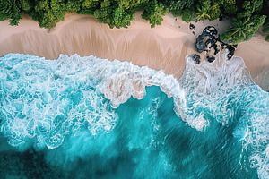 Drone view of a secluded beach with, a Photo by LOGOCREATIVE