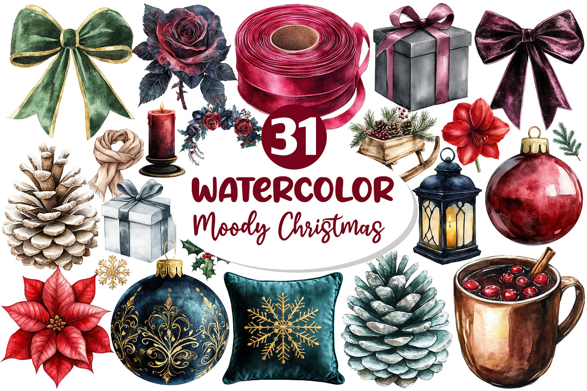 Watercolor Moody Christmas Clipart, an Illustration by Dream Creation (Photo 1 of 6)