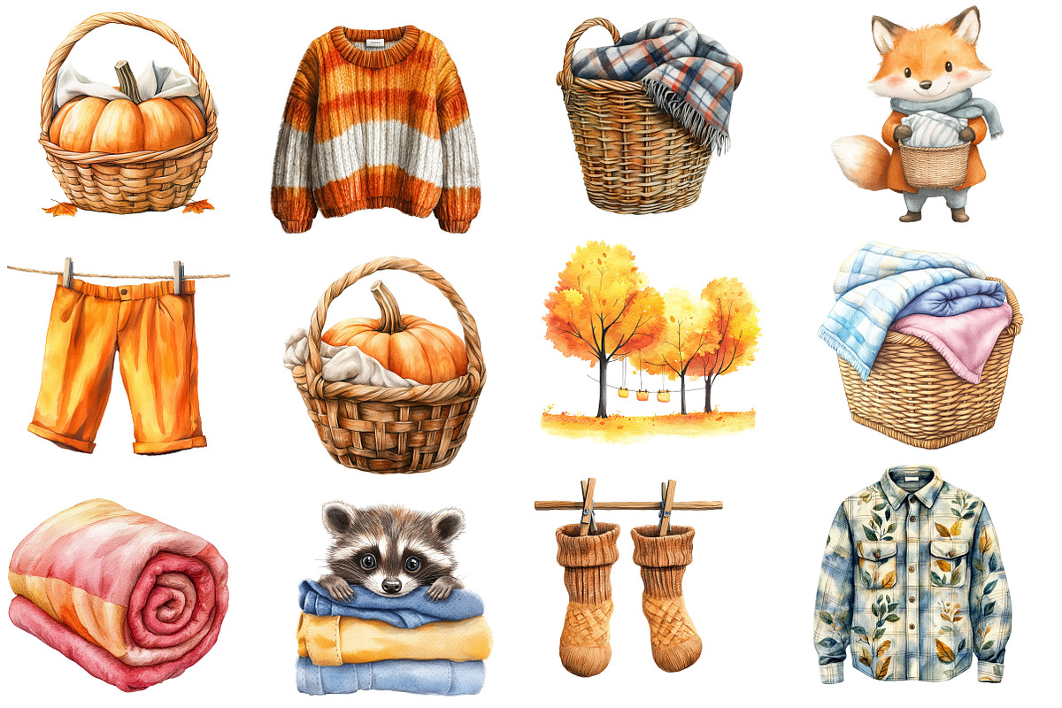 Watercolor Autumn Laundry Clipart, an Illustration by Designworld (Photo 4 of 6)